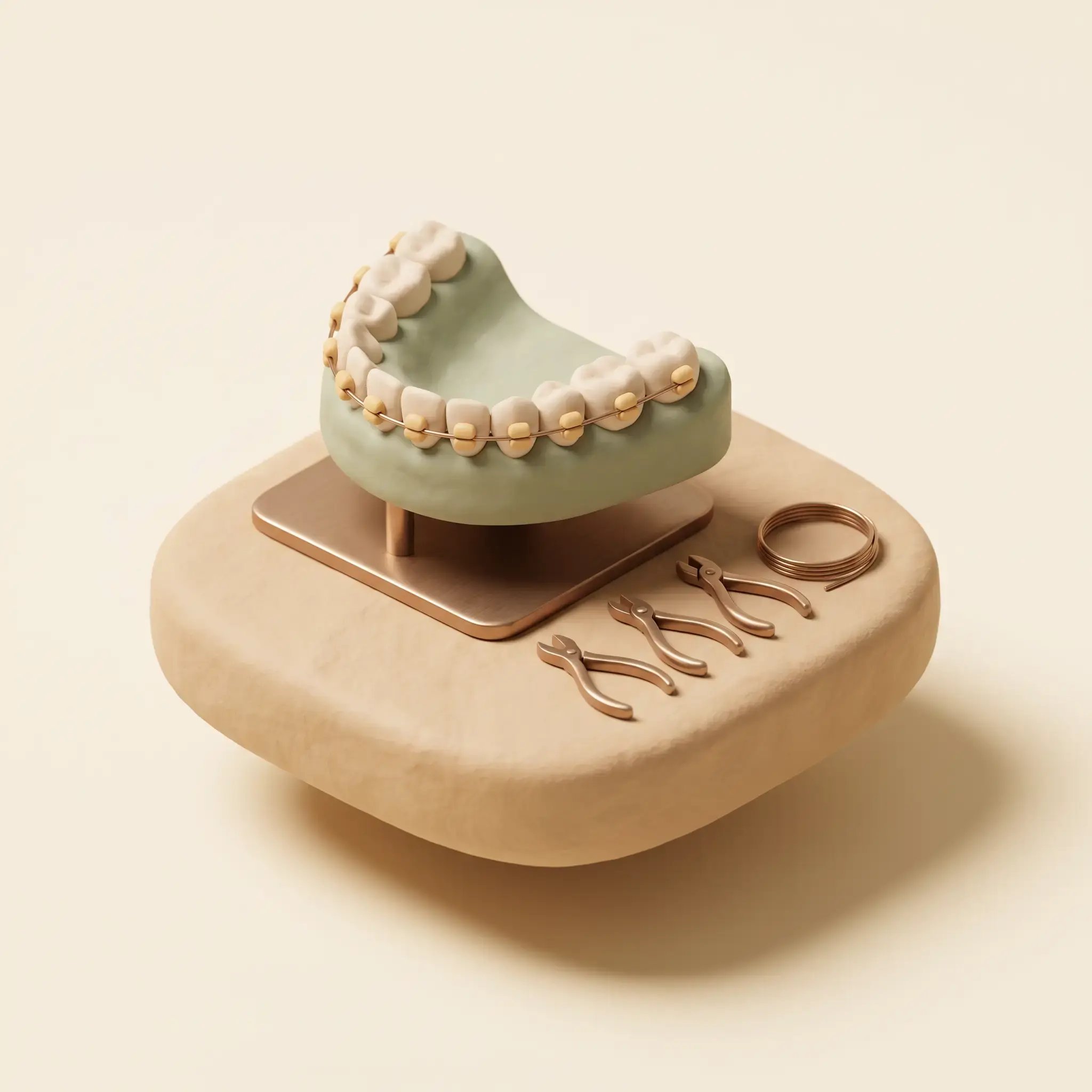 Illustration: a clay archwire threaded through brackets along a row of miniature teeth