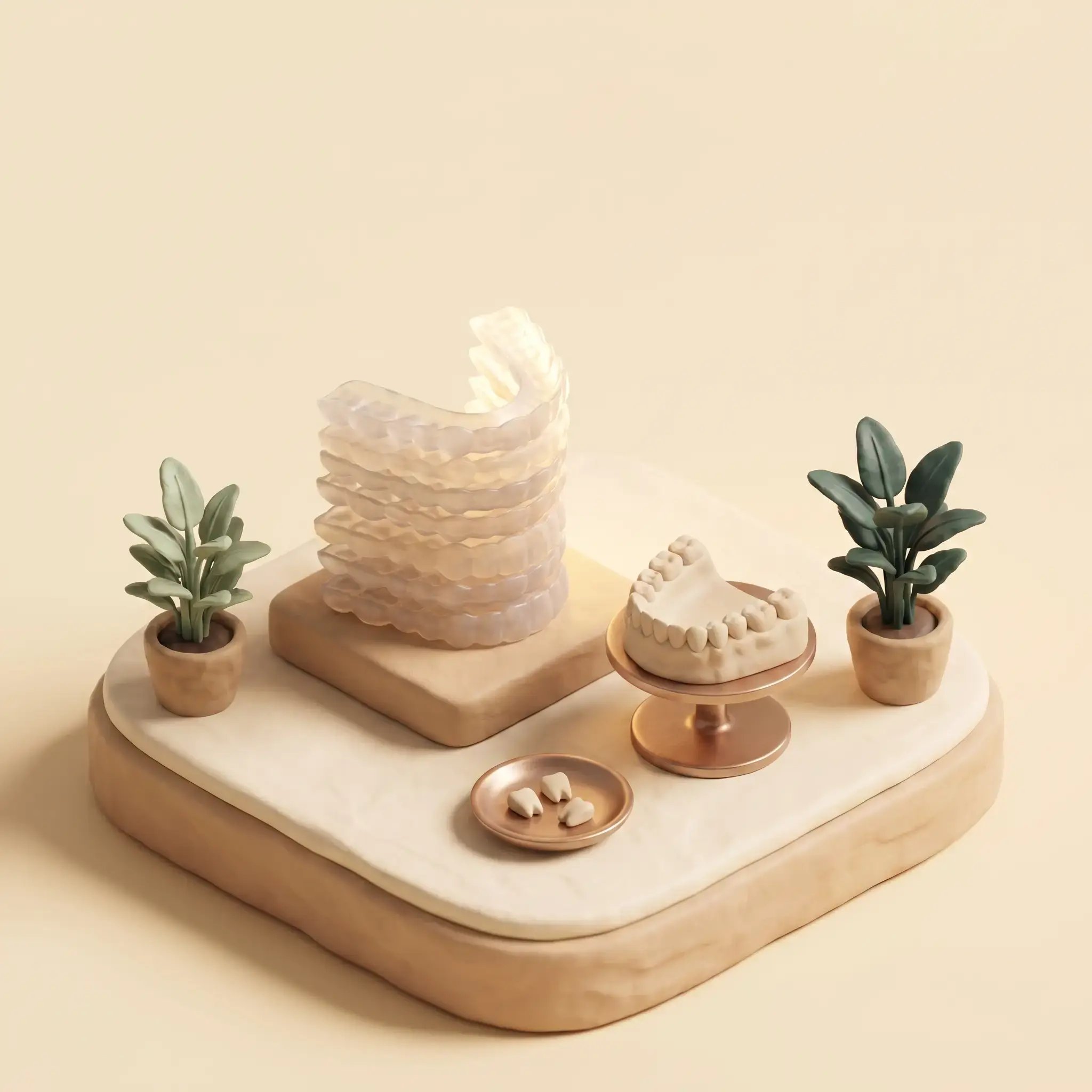 Illustration: a stack of clay aligner trays beside a miniature model of an upper arch