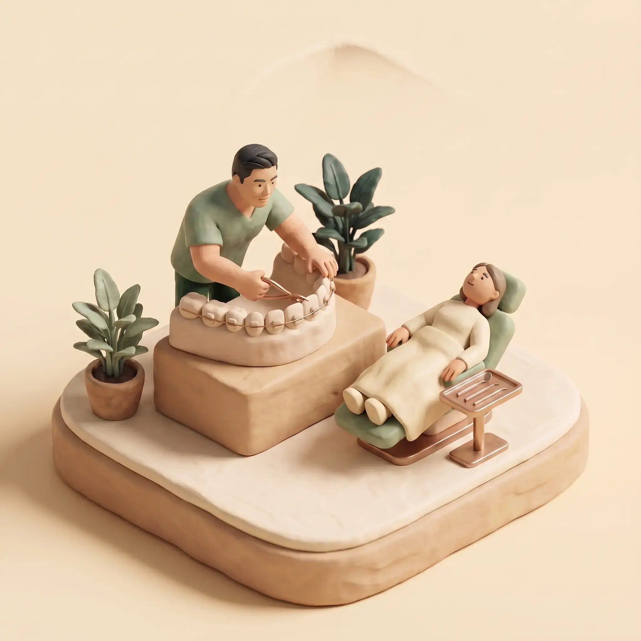 Moving with fixed braces — miniature diorama of a course of orthodontic treatment