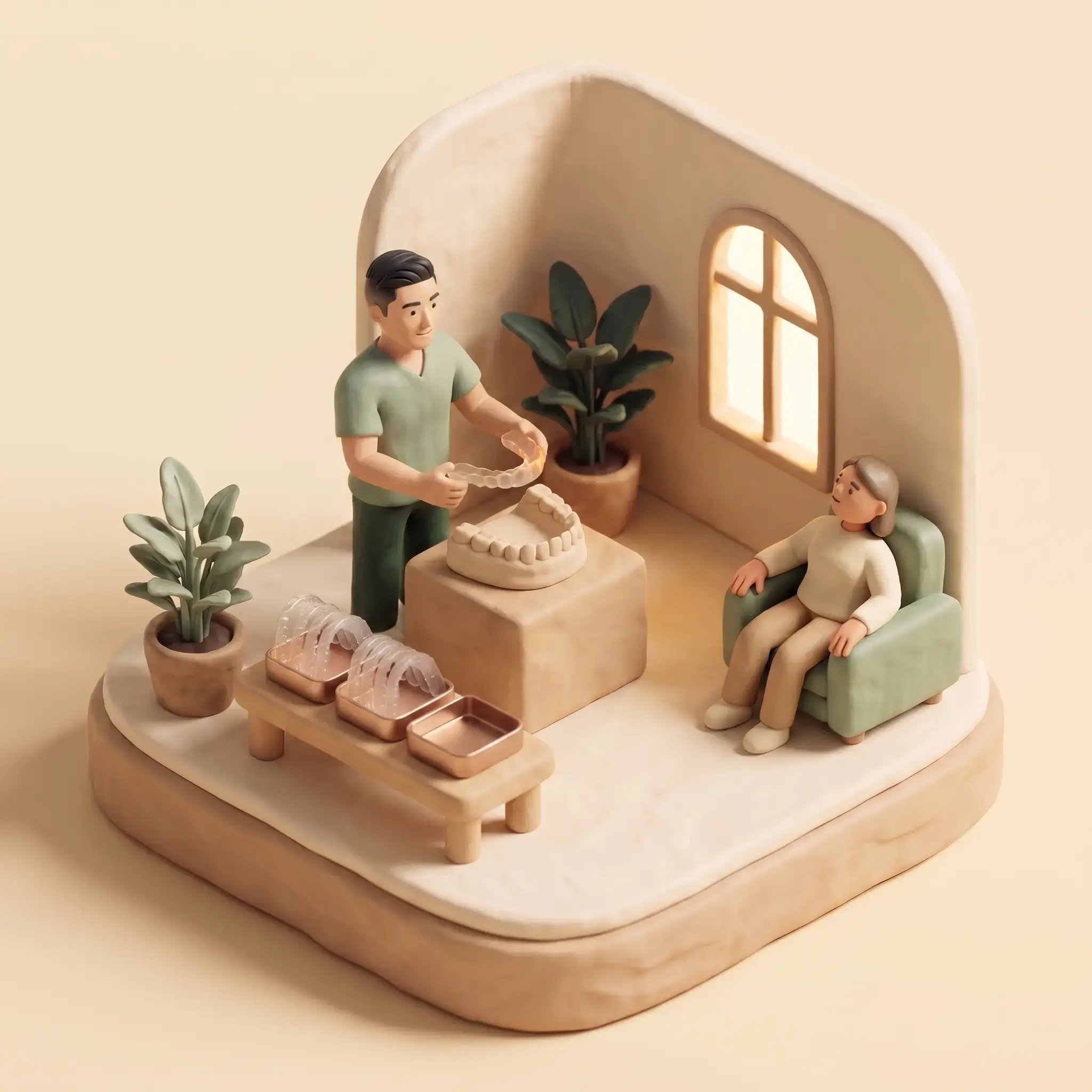 Moving with clear aligners — miniature diorama of a course of orthodontic treatment