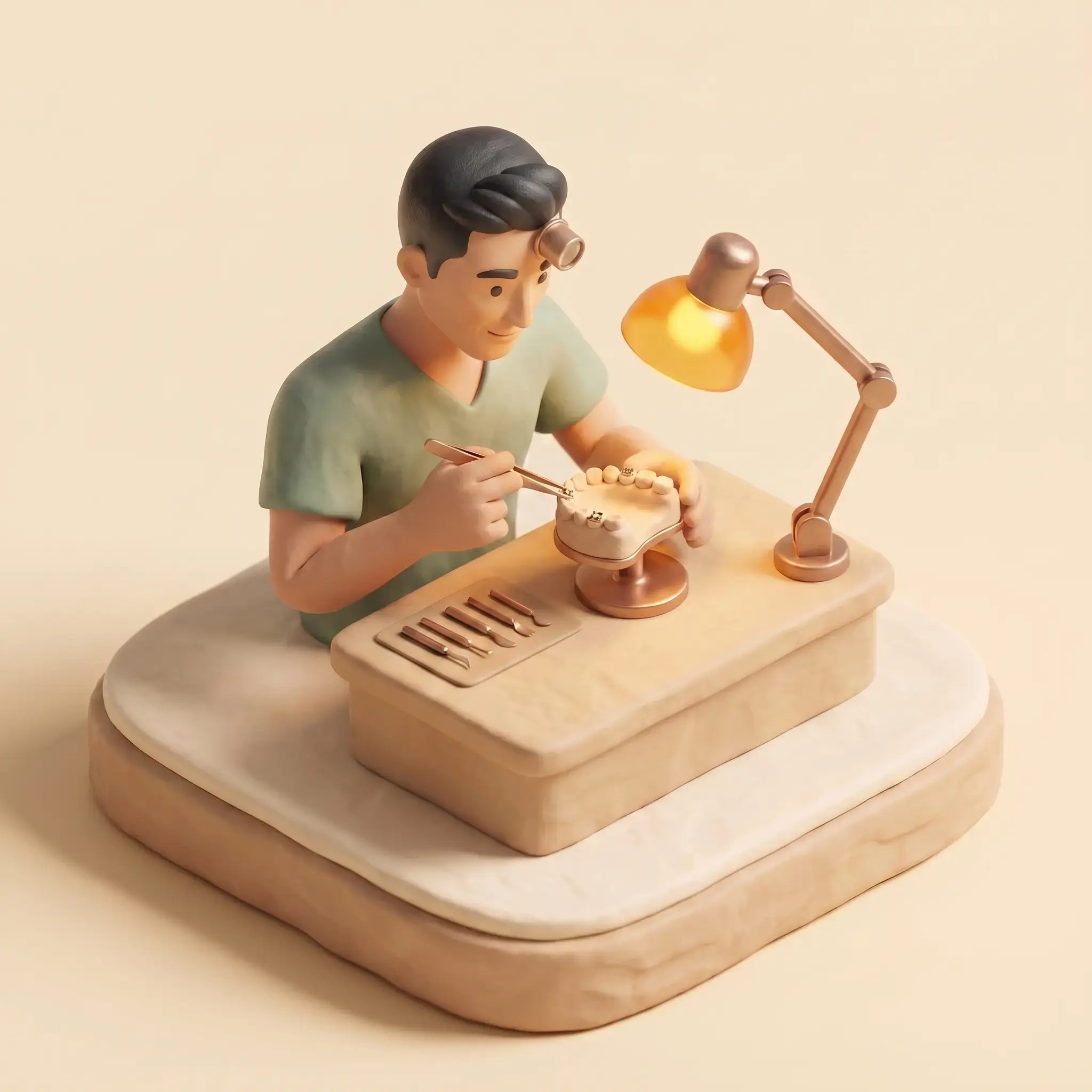 The detail work with fixed braces — miniature diorama of a course of orthodontic treatment