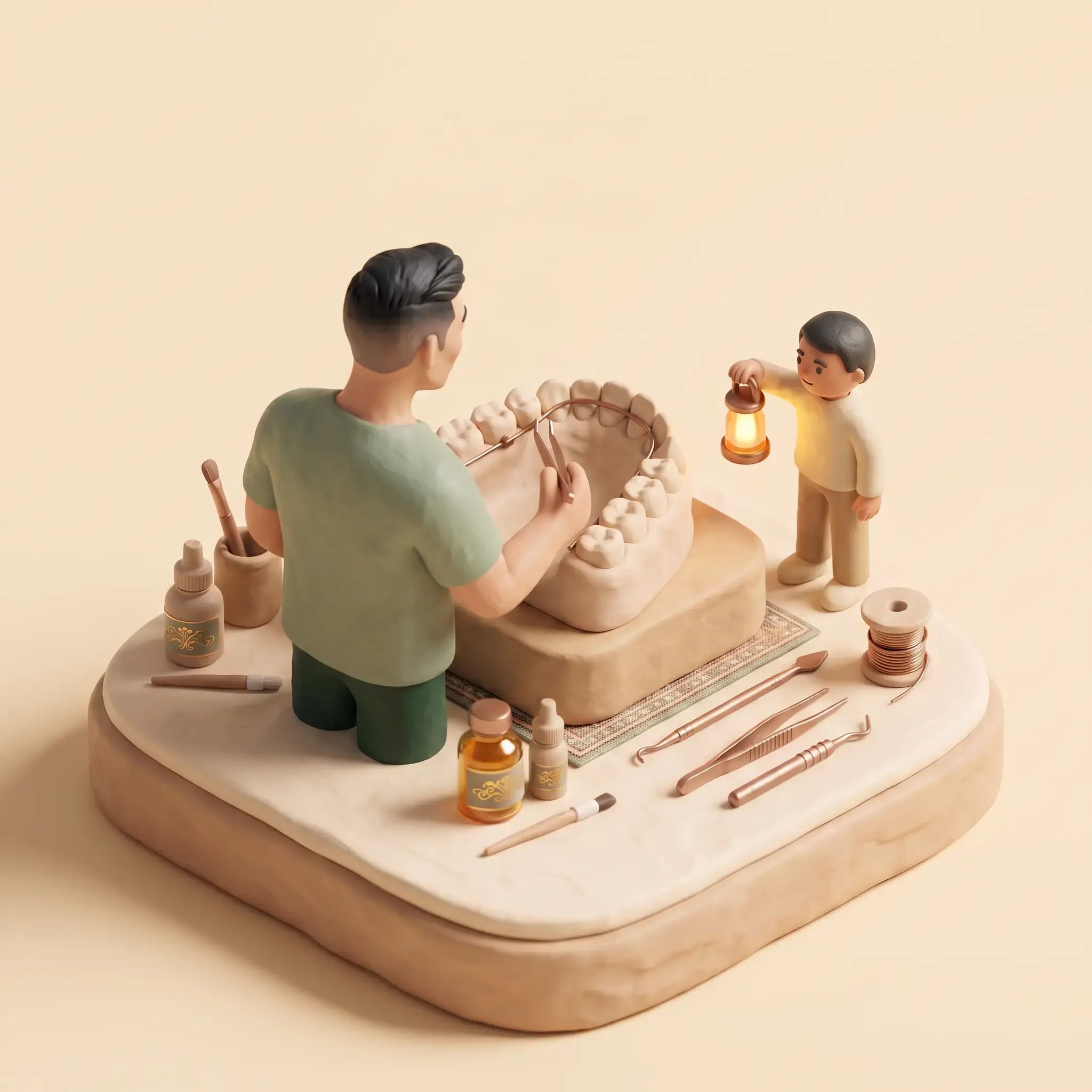 Illustration: a clay retainer wire being re-bonded behind a row of miniature front teeth