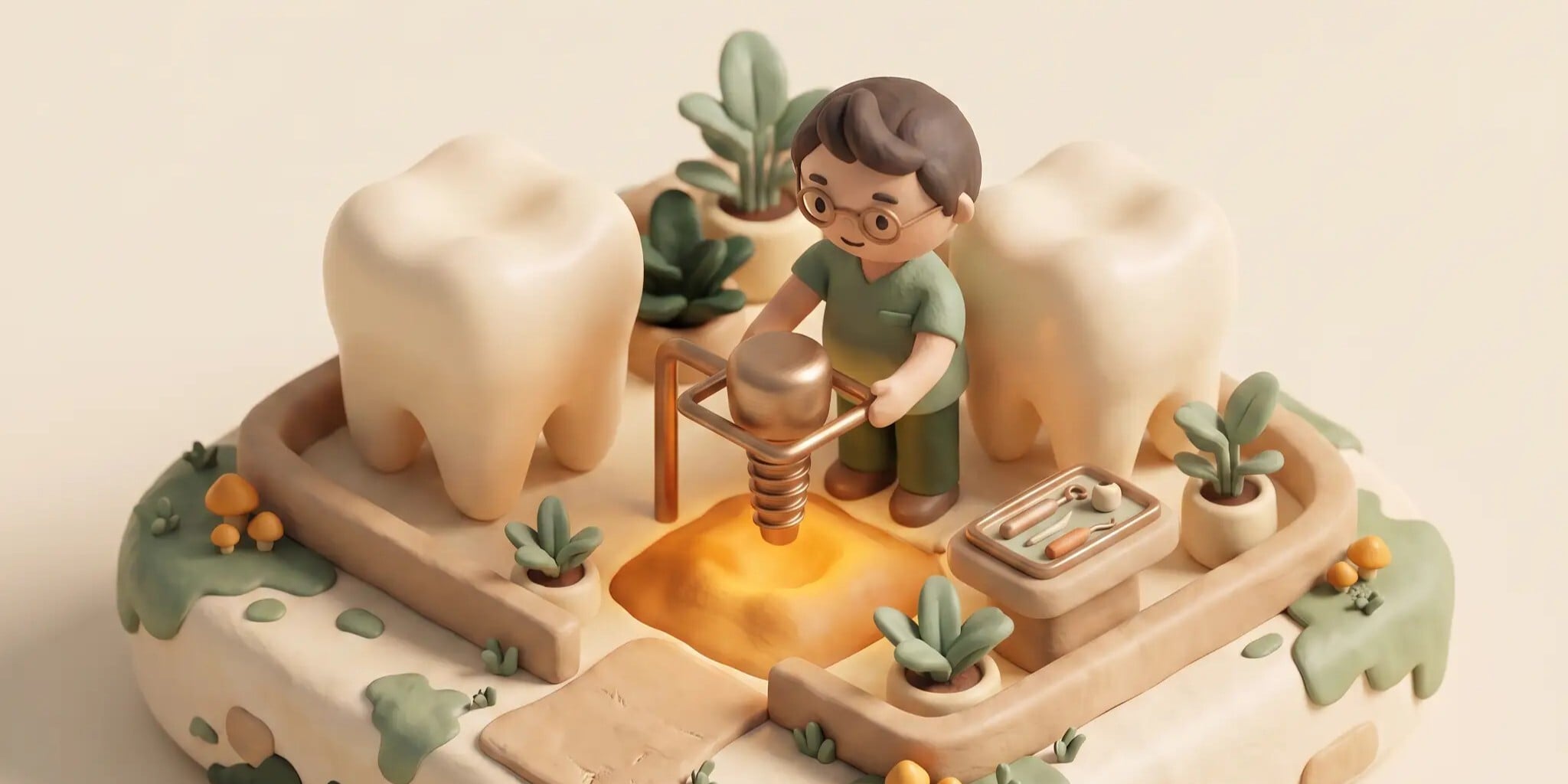 diorama of dentist and implant
