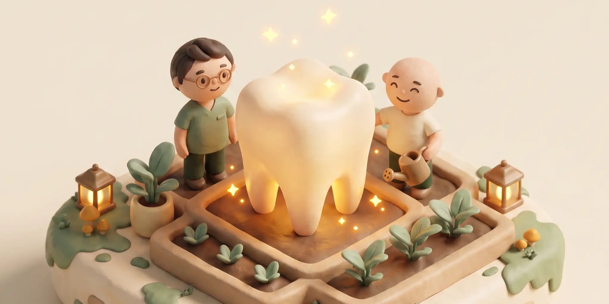 diotama of dentist and patient looking at tooth model